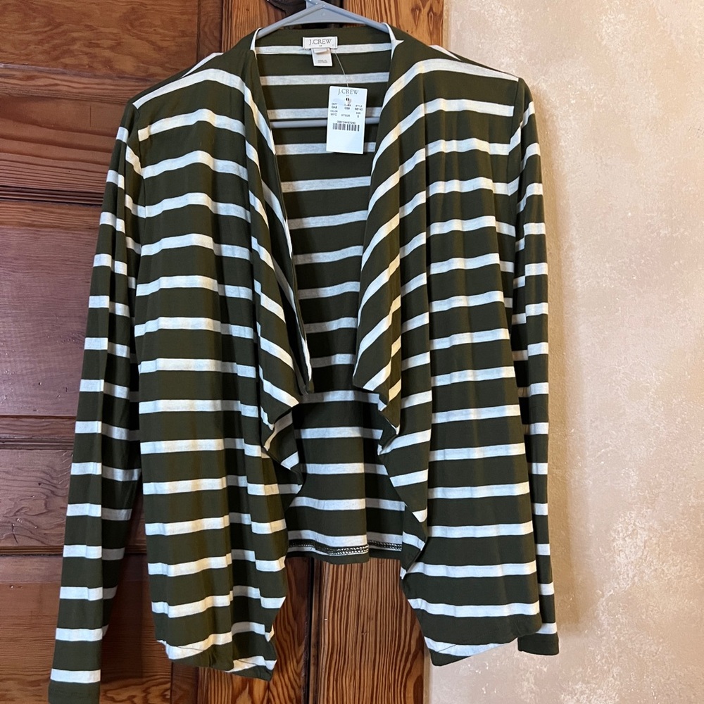 J. Crew Olive and White Striped Women’s Lightweight  Cardigan Earthy Twee